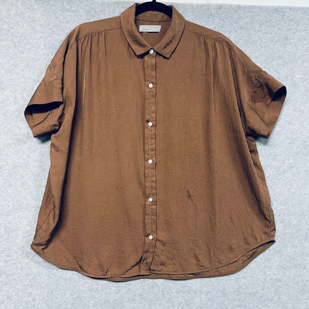 Everlane Bronze Button Front Boxy Collared Blouse Top Size 10 Short Sleeve